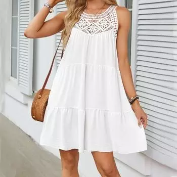 Летнее кружевное платье без рукавов, женское свободное повседневное элегантное короткое платье трапециевидной формы, женские однотонные многослойные сладкие вечерние платья с рюшами, одежда 1041 S белый