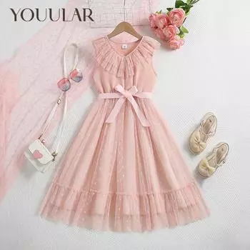 Летнее кружевное платье для девочек, новинка 2024 года, детская одежда, сетчатое платье принцессы без рукавов 7-8Y розовый