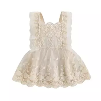 Летнее кружевное платье для маленьких девочек с рюшами и милыми комбинезонами принцессы без рукавов 6-12 Months бежевый