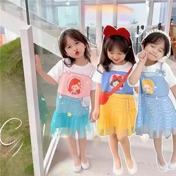 Летнее кружевное платье принцессы для девочек: Футболка из двух частей с короткими рукавами в стиле Cartoon Mesh 90 cm жёлтый