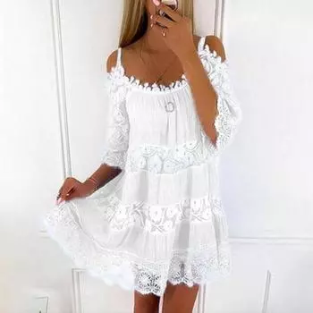 Летнее кружевное платье с коротким рукавом Сексуальное с открытыми плечами Элегантное повседневное свободное платье А-силуэта Сплошной цвет Сладкие короткие мини-платья с круглым вырезом 26249 S светло-синий