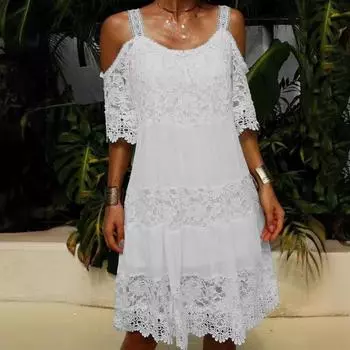 Летнее кружевное платье с открытыми плечами и короткими рукавами. Новое элегантное свободное шифоновое кружевное лоскутное праздничное платье трапециевидной формы. Модное однотонное вечернее платье на бретельках. S розовый