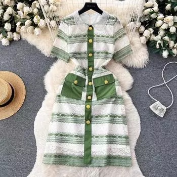 Летнее кружевное платье с золотыми пуговицами и карманами и бисером, женское кружевное платье с коротким рукавом, полосатые вечерние платья миди S чёрный