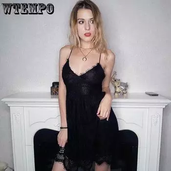 Летнее кружевное платье Женщины Цветочные спинки Спагетти Ремешки V Шея Бинтаж Выдолбленные Сексуальные Мини Платья XL чёрный