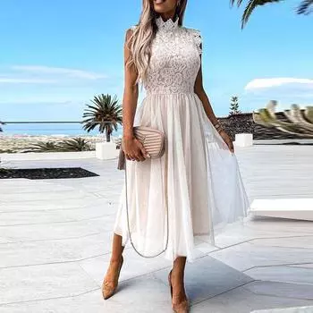 Летнее кружевное сетчатое женское платье миди без рукавов в стиле пэчворк, сексуальные вечерние женские платья с круглым вырезом, элегантная женская одежда для пляжного отдыха и отдыха S чёрный