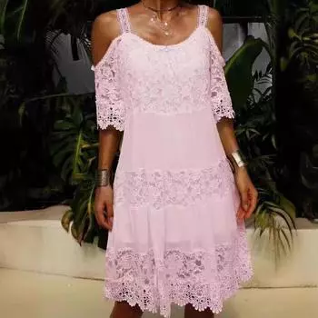 Летнее кружевное сексуальное платье с открытыми плечами, женское элегантное свободное платье с коротким рукавом, женское платье А-силуэта большого размера, модное однотонное вечернее платье 952 S зелёный