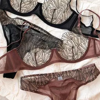 Летнее кружевное ультратонкое женское нижнее белье, французский высококачественный бюстгальтер пуш-ап с перьями, сексуальный комплект из бюстгальтера и полых трусиков для женщин S чёрный