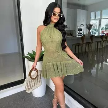 Летнее кружевное вязаное сексуальное платье без рукавов, женское короткое платье с бретелькой на шее и открытой спиной, а-силуэта, прозрачные платья для вечеринок и клубов 325 S армия зеленый