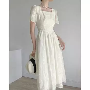 Летнее квадратное платье с высокой талией. Стильные повседневные платья для пляжного отдыха. S бежевый