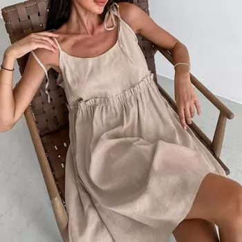 Летнее льняное платье цвета хаки, женские элегантные свободные платья трапециевидной формы на бретельках, модные сексуальные мини-платья со шнуровкой и рюшами S чёрный
