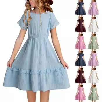 Летнее льняное платье для девочек, однотонное кружевное платье с рукавами для вечеринки 100 светло-фиолетовый