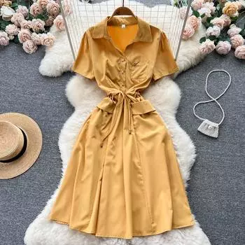 Летнее легкое и зрелое платье со шнуровкой, нишевым дизайном, темпераментной талией и тонким платьем с короткими рукавами