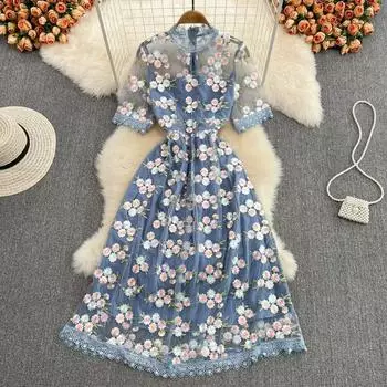 Летнее легкое роскошное темпераментное длинное платье с круглым вырезом и вышивкой, супер фея, тонкое платье с милой талией M синий