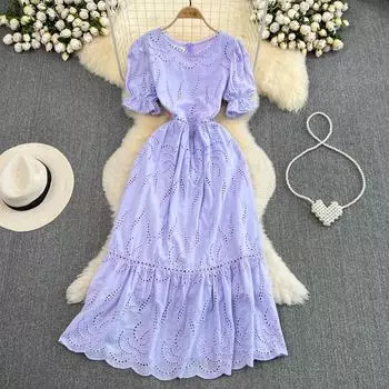 Летнее легкое зрелое ветровое платье в стиле ретро с расклешенными рукавами и круглым вырезом на талии, тонкое платье средней длины, связанное крючком с цветочным принтом и рюшами.