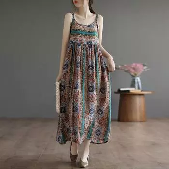 Летнее литературное платье больших размеров из хлопка и льна с принтом на подтяжках для женщин, повседневные платья средней и длинной длины M