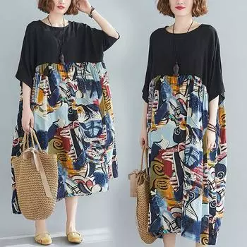 Летнее литературное платье больших размеров свободного кроя с контрастным цветом и принтом в виде качелей и короткими рукавами для женщин one size чёрный