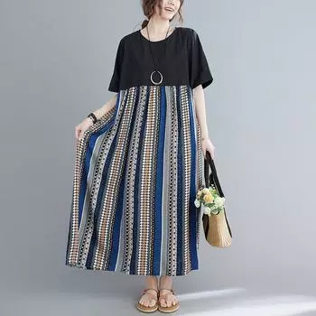 Летнее литературное платье больших размеров из хлопка и льна с принтом и короткими рукавами для женщин average size