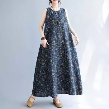 Летнее литературное платье больших размеров из хлопка и льна с принтом без рукавов для женщин, жилет средней длины L