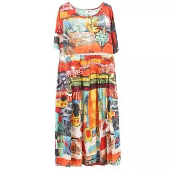 Летнее литературное платье Plus свободного покроя из хлопка и льна с абстрактным принтом и короткими рукавами для женщин средней и длинной длины One Size