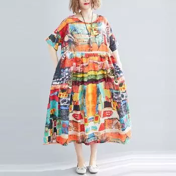Летнее литературное платье Plus свободного покроя из хлопка и льна с абстрактным принтом и короткими рукавами для женщин средней и длинной длины One Size