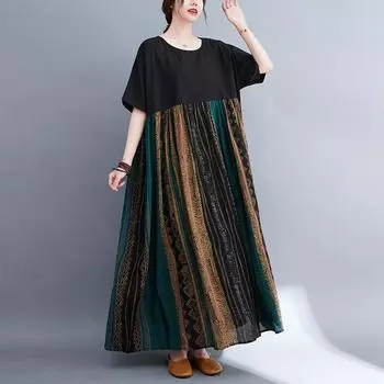 Летнее литературное платье плюс свободного покроя из хлопка и льна с принтом и короткими рукавами, женское длинное One size