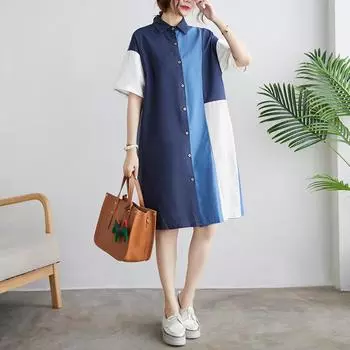Летнее литературное платье-рубашка больших размеров с короткими рукавами и лацканами средней длины для женщин one size синий
