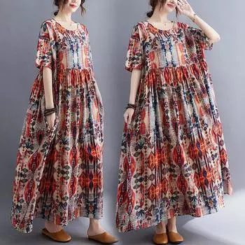 Летнее литературное платье свободного покроя из хлопка и льна с принтом и короткими рукавами для женщин one size красный