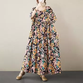 Летнее литературное ретро свободное платье с крупным принтом средней длины с коротким рукавом для женщин повседневные платья M