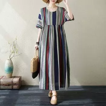 Летнее литературное ретро свободное простое бохо-круглое платье с коротким рукавом в полоску для женщин one size
