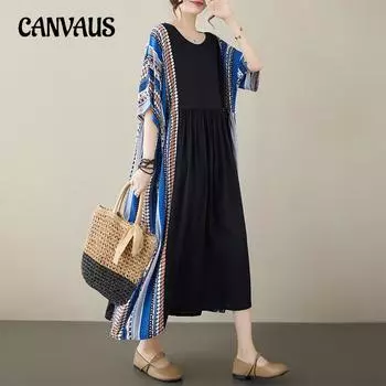 Летнее литературное ретро женское свободное возрастное платье больших размеров с круглым вырезом и короткими рукавами в полоску с стыковым подолом One Size чёрный/синий