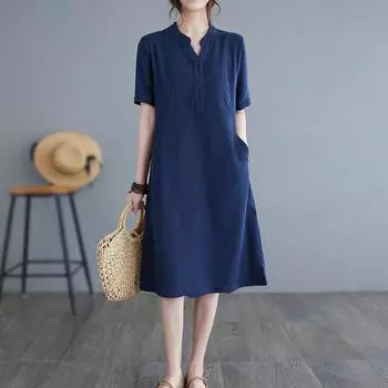 Летнее литературное свободное однотонное хлопковое льняное платье с V-образным вырезом и коротким рукавом для женщин, длинные повседневные платья M розовый