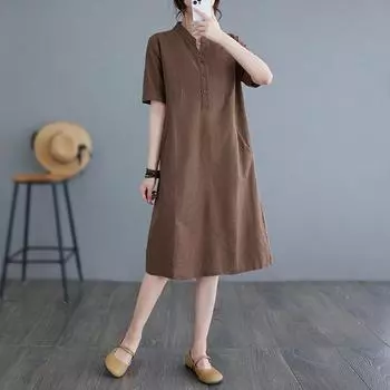 Летнее литературное свободное однотонное хлопковое льняное платье с V-образным вырезом и короткими рукавами для женщин, повседневные платья средней и длинной длины M розовый