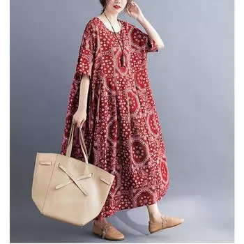 Летнее литературное свободное платье из хлопка и льна с короткими рукавами и принтом, женская длинная юбка one size красный