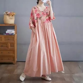 Летнее лоскутное художественное свободное повседневное ретро-стиль средней длины с V-образным вырезом для женщин Платья one size