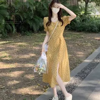 Летнее маленькое платье со свежим цветочным принтом 2024. Весеннее и летнее шифоновое платье средней длины с короткими рукавами и длинными рукавами. S жёлтый