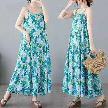 Летнее маленькое свежее цветочное омолаживающее хлопковое льняное платье с большим качелями на подтяжках для женщин повседневные платья M