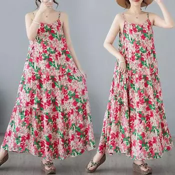 Летнее маленькое свежее цветочное омолаживающее хлопковое льняное платье с большим качелями на подтяжках для женщин повседневные платья M