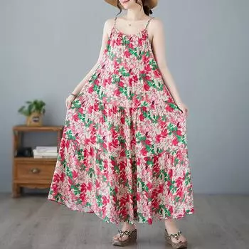 Летнее маленькое свежее фрагментированное платье с цветами, уменьшающее возраст, из хлопка и пеньки, с большой подвеской на бретельках для женщин One size
