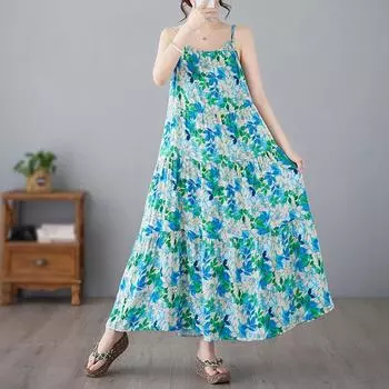 Летнее маленькое свежее фрагментированное платье с цветами, уменьшающее возраст, из хлопка и пеньки, с большой подвеской на бретельках для женщин One Size