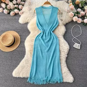 Летнее маленькое свежее нежное жаккардовое сексуальное однобортное платье без рукавов с v-образным вырезом и открытой меховой отделкой средней длины