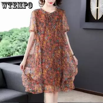 Летнее марлевое платье с цветочным принтом средней длины, большие размеры, свободное и тонкое платье для мамы с короткими рукавами L розовый