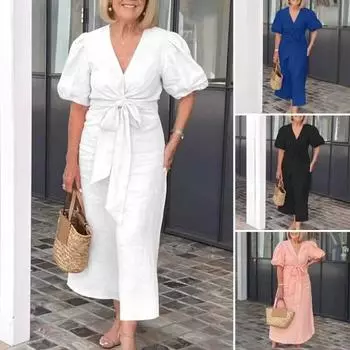 Летнее макси-платье с V-образным вырезом, шнуровкой на талии, рукавами-фонариками, однотонное свободное длинное платье для повседневной жизни, свиданий, работы, вечеринок 2XL синий