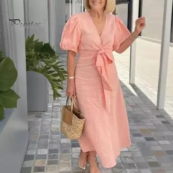 Летнее макси-платье с V-образным вырезом, шнуровкой на талии, рукавами-фонариками, однотонное свободное длинное платье для повседневной жизни, свиданий, работы, вечеринок 2XL синий