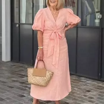 Летнее макси-платье с V-образным вырезом, шнуровкой на талии, рукавами-фонариками, однотонное свободное длинное платье для повседневной жизни, свиданий, работы, вечеринок 2XL белый