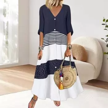 Летнее макси-платье Yousheng, контрастное макси-платье, полосатое однобортное платье А-силуэта с короткими рукавами и заплатками в стиле пэчворк S коричневый