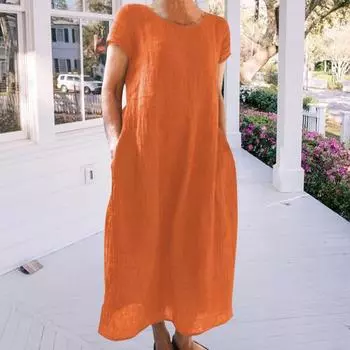 Летнее макси-платье Yousheng с боковыми карманами, круглым вырезом, короткими рукавами, свободное однотонное платье длиной до щиколотки в стиле ретро для повседневной носки, свиданий, путешествий M армия зеленый