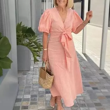 Летнее макси-платье Yousheng с V-образным вырезом, шнуровкой на талии, рукавами-фонариками, однотонное свободное длинное платье для повседневной жизни, свиданий, работы, вечеринок 2XL чёрный