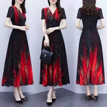 Летнее миди-платье с V-образным вырезом и французским принтом, со сборкой на талии - Большой размер, платье-свинг из ледяного шелка для женщин среднего возраста 4XL красный