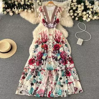 Летнее милое этническое ретро-платье с глубоким V-образным вырезом и деревянным краем без рукавов с принтом, женское длинное платье в стиле «торт-фея» S белый