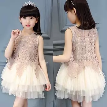 Летнее милое кружевное многослойное бальное платье из тюля для девочек, платье принцессы XXL шампанского